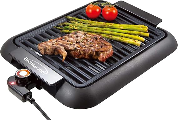 Brentwood 1200W Electric Smokeless Indoor Grill with Ceramic Non-Stick Surface, Adjustable Temperature, and Dishwasher Safe Parts, 12.6 x 10, Black