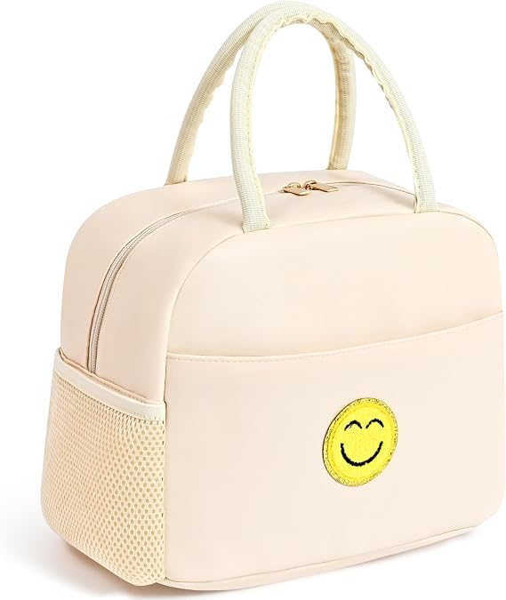 Preppy Lunch Bag For Women And Girls,Large Insulated Lunch Bag With Chenille Pattern, Wide-Open Leather Lunch Box, Leakproof Cooler Bags, Reusable Lunch Tote Bag For Work, School, Picnic, Biege
