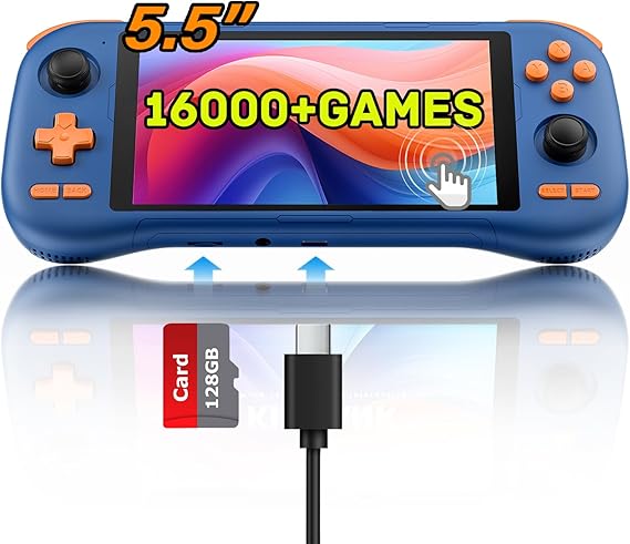 Kinhank K56 Retro Handheld Game Console Built-in 16000+ Games,Android 14.0 Portable Game Console,5.5 inch Touch Screen,6GB RAM+128GB ROM,5000mAh Battery,WiFi 5.0,BT5.0,Hall Rocker (Blue)