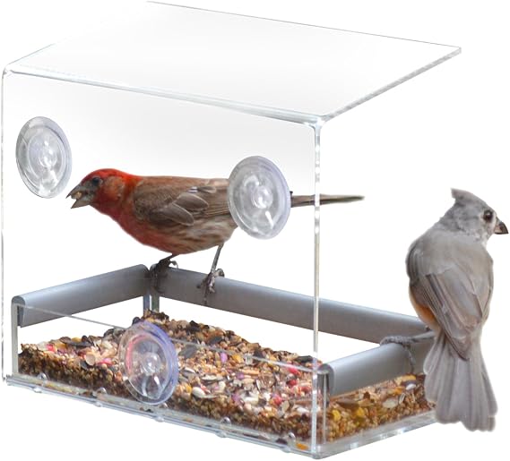 PetFusion Tranquility Window Bird Feeder in Premium Lucite Acrylic. (I) Removable Tray, (II) 3 Perches, Clear