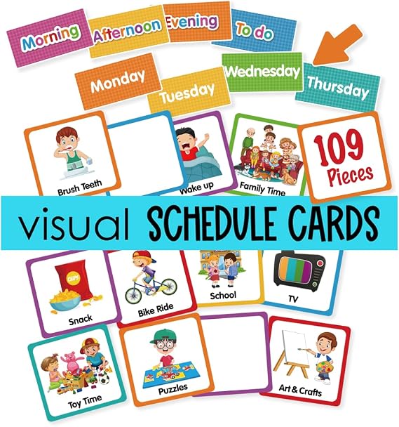 Large Visual Schedule Cards for Kids Chore Reward Chart,Bedtime Routine Cards for Toddlers, Includes 109 Cards for Home School Planner,Autism Learning Materials