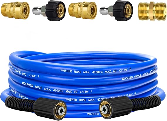 Pressure Power Washer Hose 25 FT x 1/4", Super Flexible Kink Resistant Car Washer Replacement with M22 Fittings & 3/8" Quick Connect Adapters, 4200PSI