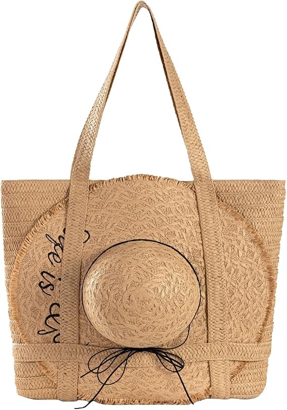 SKYK Straw Beach Tote Bag for Women-Summer Beach Handbag with Hat Holder and Sun Hat-Large Travel Tote Bags with Zipper
