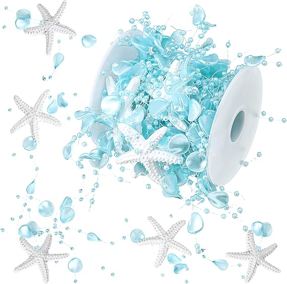 16 ft Ocean Themed Garland Ocean Beaded Starfish Shell Decor Coastal Beaded Beach Garland for Mantle Fireplace Summer Wedding Home Decor Supply(Blue)