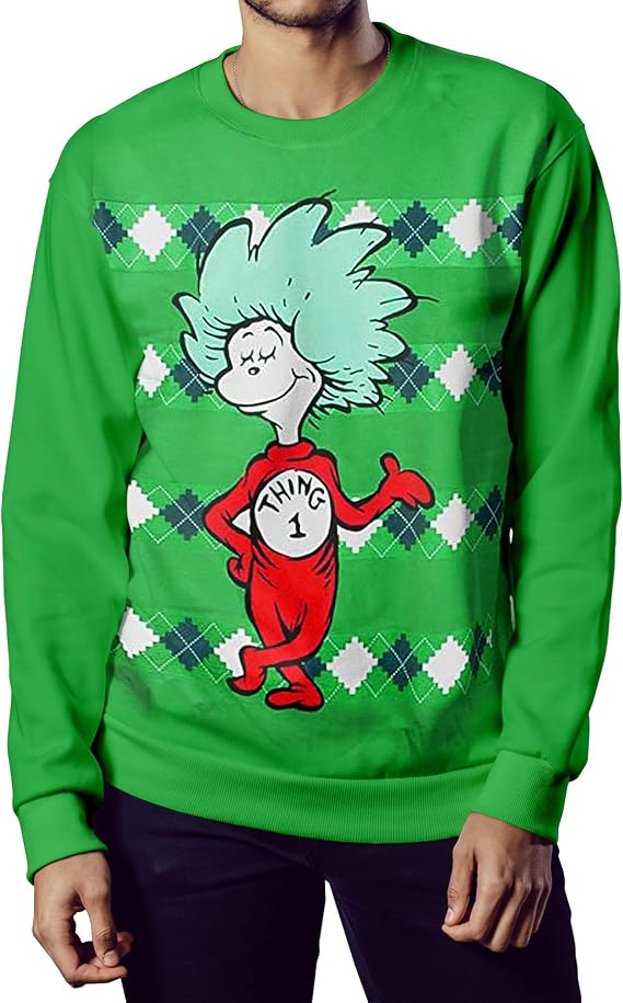 Dr. Seuss Thing 1 or Thing 2 Mens Pullover, Green (S, Thing 1)