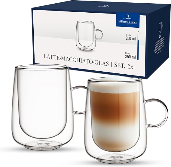 Villeroy & Boch Artesano Hot & Cold Beverages Latte Macchiato Glass, Set of 2 Glasses, Double-Walled Glasses for Cold and Hot Beverages, 11.75 oz, Borosilicate Glass, Dishwasher-Safe, Microwave-Safe | Double-walled borosilicate glass latte macchiato glasses, dishwasher and microwave safe, hold lattes and iced coffee