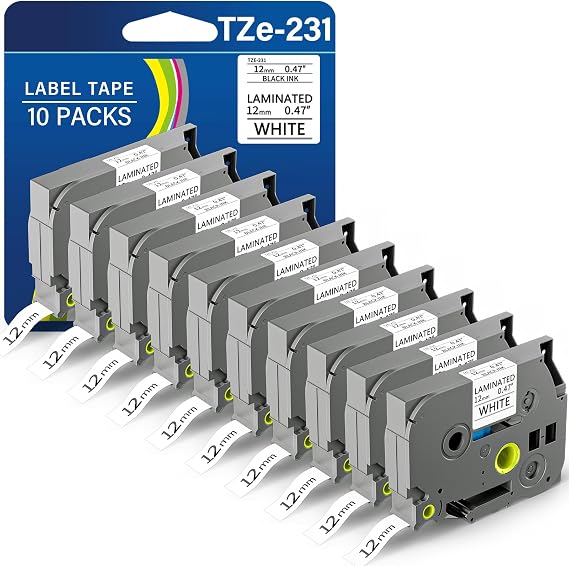 TZE-231 Label Maker Tape 12mm 0.47 Laminated Black on White 1/2" x 8m Replacement for Ptouch TZ TZE TZE231 Label Tape Cassette for PT-D220 PTD220 D220 PT-D210 PTD210 PT-H110 PT-D200 PT-D410 (10 Pack)