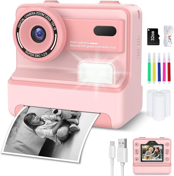 Kids Camera Instant Print, Christmas Birthday Gifts for Girls Age 3-12, Dual-Lens Selfie Camera for Kids with 1080P Videos, 2.4 Inch Screen, 32GB SD Cards & 3 Rolls Print Paper
