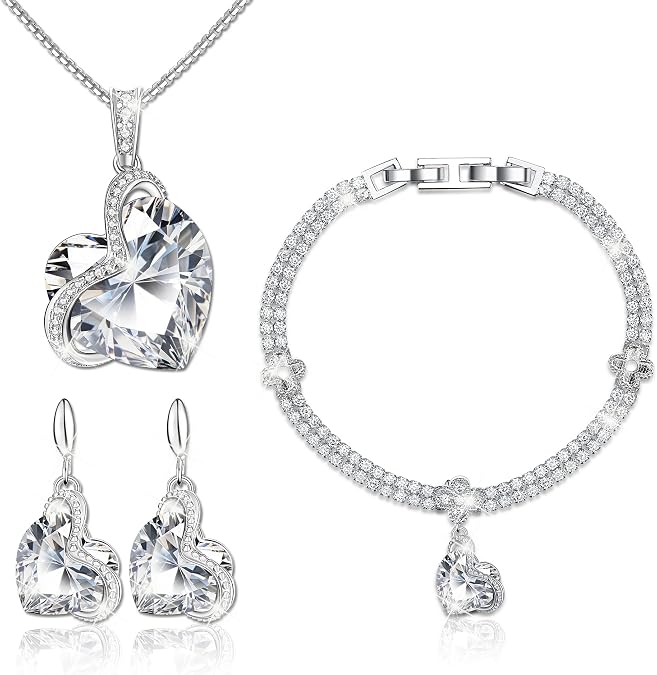 Blissful Heart Crystal Jewelry Sets For Women 18K White Gold Plated Bracelet Necklace and Earrings Sets for Wife Girlfriend or Mothers Idea Gift for Special Women in Life