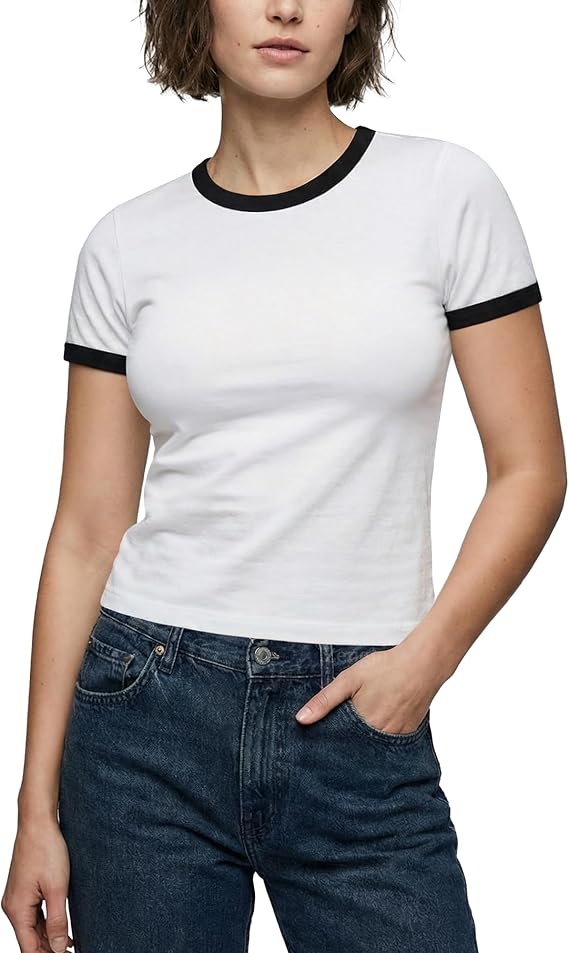 Zengjo Ringer Tee Women Crewneck Short Sleeve Plain Retro T-Shirts