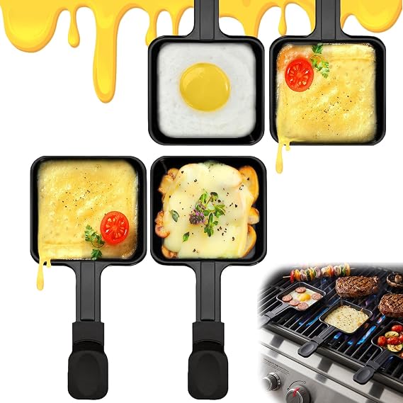 4-Pack Premium Raclette Pans with Extended Handle, Non-Stick Mini Cheese Melting Pans for Outdoor BBQ Grill, Small Individual Skillet for Frying Eggs and Veggies, Barbecue & Party Accessories, Black