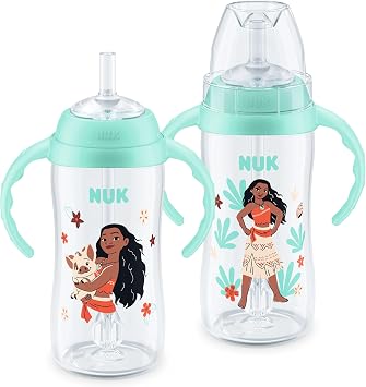 NUK First Choice Moana Learner Cup, 10 oz. Sippy Cup with Handles, Spill Proof, Leak Proof Soft Straw Cup, 2-pack