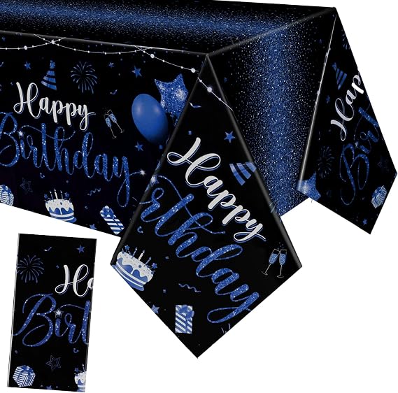 Tudomro 3 Pcs Plastic Happy Birthday Party Tablecloths,Black Blue