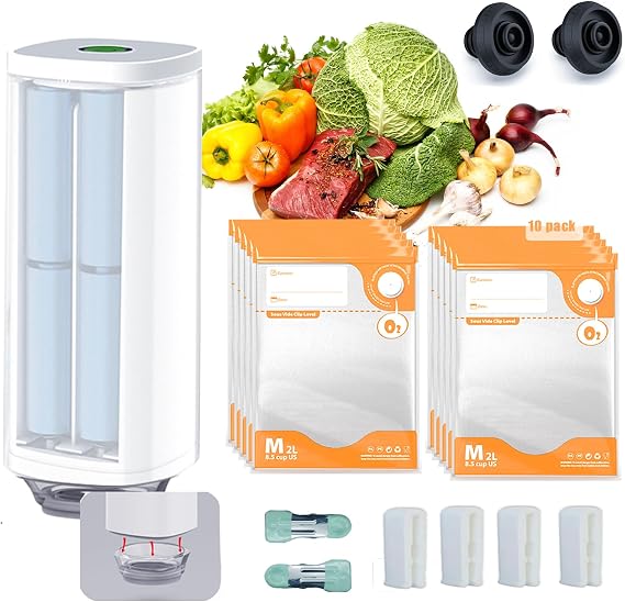 Compact Vacuum Sealer for Food Contains 10 Reusable Seal Bags|8x12inch, Handheld Vacuum Sealer Machine, 2 vacuum wine stoppers,Seal Food 6X Fresh Longer,for Kitchen, Home, BBQ, Travel
