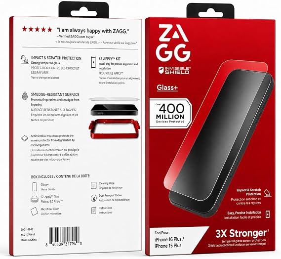 ZAGG InvisibleShield Glass+ iPhone 16 Plus / 15 Plus Screen Protector - 3X Shatter Protection with Reinforced Edges, Anti-Fingerprint Technology, Scratch & Smudge Resistant, Install Tray Included