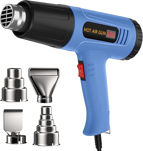 Heat Gun Side Lcd Digital Display 212 &1202F Dual-Lvel Temperature Control 4 Nozzles Heat Gun' Overload Protection for Crafting, Shrink Tubing, Vinyl Wrap, Shrink Wrap,5Ft Power Cord