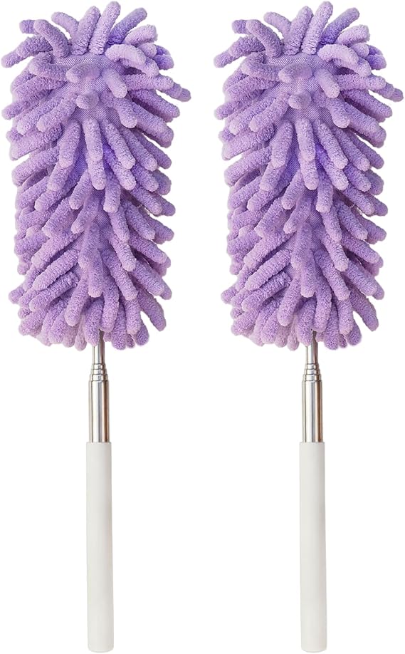 2Pcs Mini Duster for Cleaning, Microfiber Duster with Extendable Pole, Washable Small Duster, Cleaning Tools for Office, Car Interior, Window, Furniture, Computer (Purple)