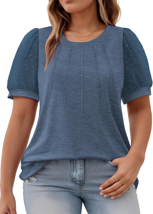 VOGRACE Womens-Plus-Size-Summer-Tops Dressy Dotted Puff Sheer Short Sleeve T Shirts Trendy Pleated Blouses Cute Casual Tunics