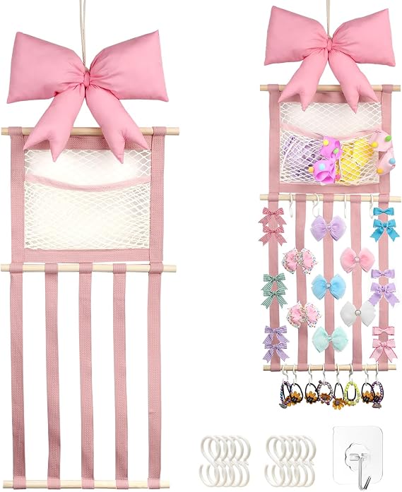 Pink Hair Bow Holder and Headband Organizer, 37.5-Inch Large Hair Accessories Storage Hanger with 10 Hooks, Wall-Mounted Organizer for Toddler Baby Girl Nursery Room Decor