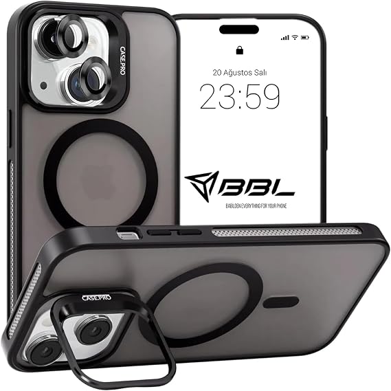 Babilden iPhone 15 İçin Kılıf Kamera Korumalı Magsafe İle Uyumlu Kablosuz Şarj Özellikli Mat Şeffaf Renkli Standlı Lens Hediyeli Telefon Kılıfı (Siyah)