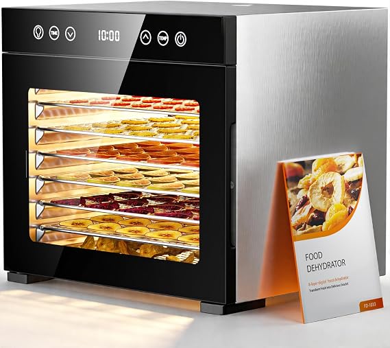 8-Tray Food Dehydrator Machine,Stainless Steel Dehydrator with Adjustable Timer & Temp, 95F-167F Great for Variety of Meat Quiet Food Dryer for Jerky, Fruit, Herbs, Dog Treats, Interior Light