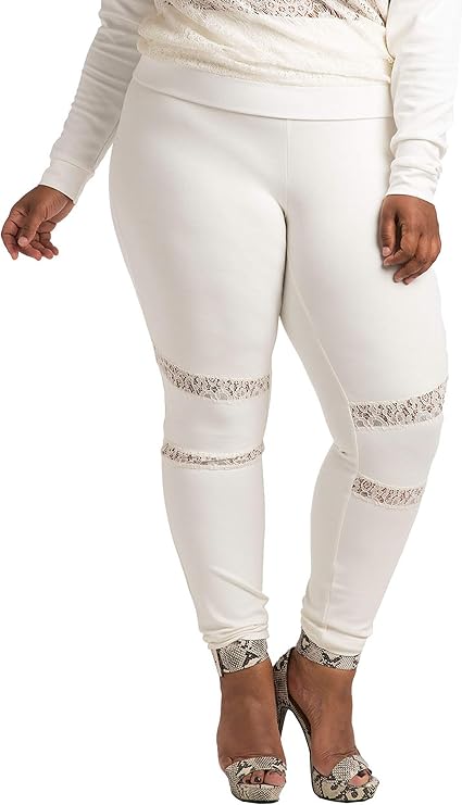 Poetic Justice Plus Size Curvy Women's Ivory Lace Insets Pull On Ponte Legging