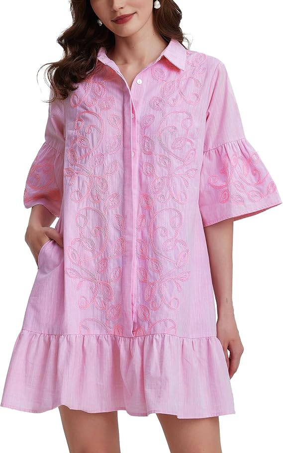 Kedera Women Floral Embroidered Dress Mini Dresses Shirt Shift Tunic