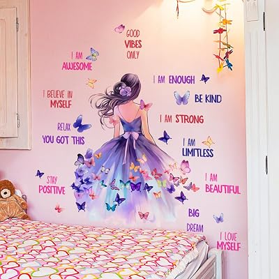 Inspirational Magic Girls Black Girls Wall Stickers Decals Bedroom Butterfly Kids Room Art Toddler Decorations Home Afro Kid Room Bedroom Playroom Art Gifts Purple-1 31.49 x 27.55 inches