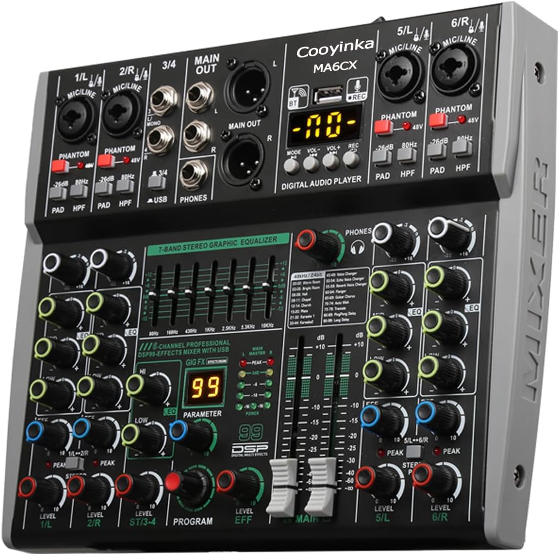 6 Channel DJ Mixer, Bluetooth, USB Recording, 99 DSP Effects, 48V Phantom Power, Stereo DJ Mixer Board