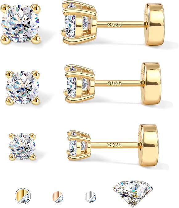 GEMQUEEN 3/4 Pairs Moissanite Earrings Flat Back 925 Sterling Silver Studs