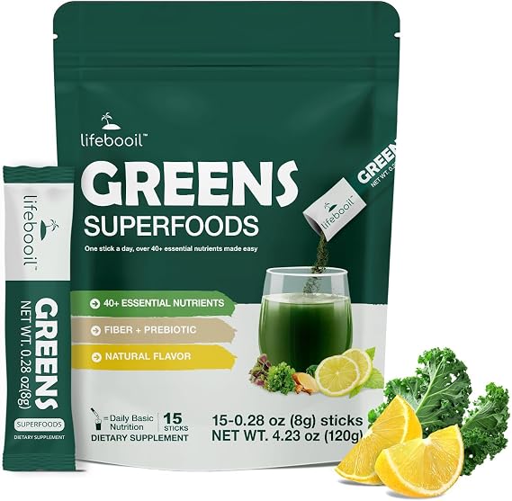 Superfood Blend Drink Mix, Super Greens Powder,15 Packets | with 40+ Superfoods, Fruits, Vegetables, Mushrooms & Probiotics, Supports Energy, Gut Health & Digestion