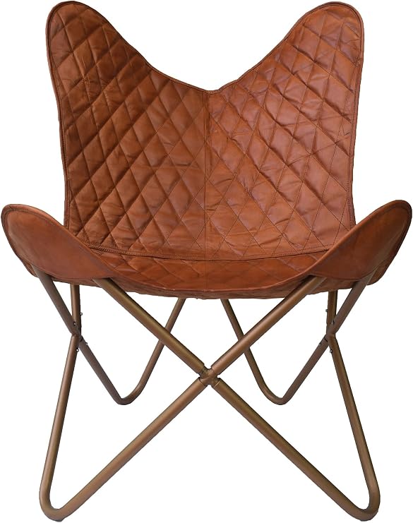 Shy Shy Lets Touch The Sky Leather Butterfly Chair - Living Room, Bed Room Furniture/Leather Furniture/Home & Living Chair (Brown Cover + Golden Frame)