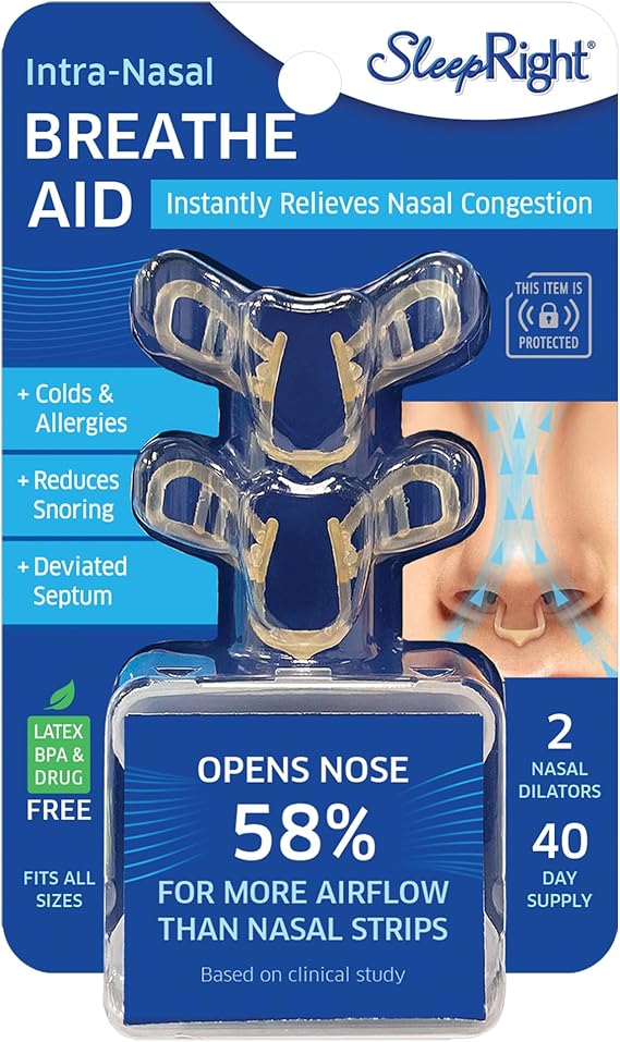 SleepRight Nasal Breathe Aid Comfortable Nasal Dilator for Better Breathing, Snore Stopper & Airflow Relief, Easy to Use for Sleep or Daily Wear, 2 Count, 40-Day