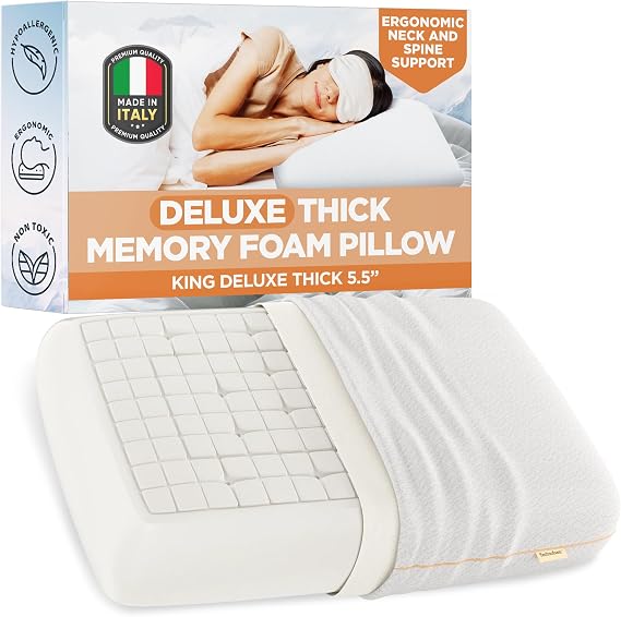 Technogel Memory Foam Deluxe Pillow. Ideal for All Sleep Styles Sleeping, Neck & Spine Support, Soft Side Sleepers Bedding, King Size (5.5" Thick). Made in Italy.