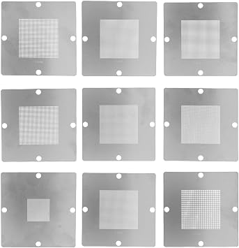 Cryfokt 9Pcs BGA Universal Reballing Rework Net, 90x90mm BGA Reballing Stencils Templates Kit for Soldering Accessories, Laptop, Desktop, Stencils Steel Template Mesh Repair Tools
