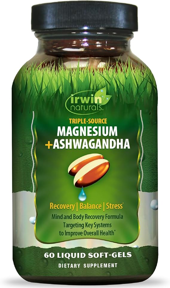 Irwin Naturals Triple Source Magnesium + Ashwagandha Supplement | Stress Management & Recovery | Triple-Source Bioavailable Magnesium | Bone, Muscle & Immune Support | 60 Liquid Soft-Gels