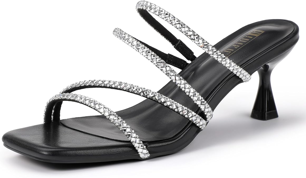 IDIFU Rhinestone Heels Slip On Strappy Low Kitten Heels