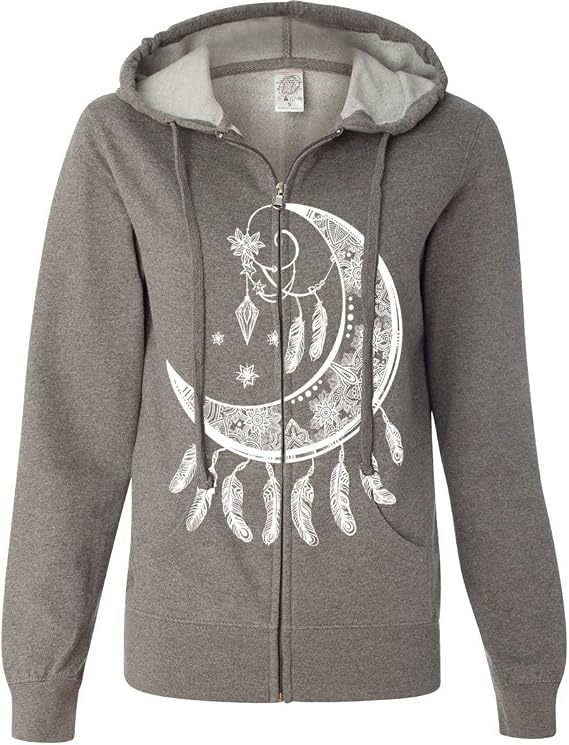 Dolphin Shirt Co Crescent Moon Dreamcatcher White Ladies Lightweight Fitted Zip-Up Hoodie