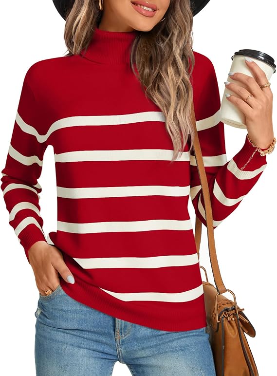 LONGYUAN Women Winter Turtle Necks Striped Knit Sweater Long Sleeve Pullover Casual Color Block Spring Tops 2025
