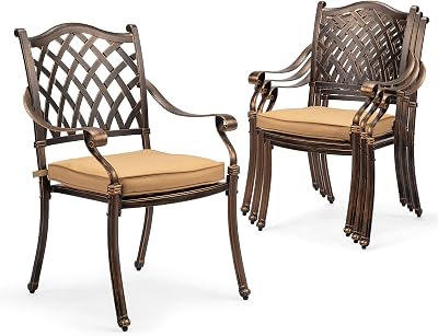 VINGLI Patio Chairs Set of 4- Stackable Outdoor Cast Aluminum Dining Chairs with Vintage Bronze Finish and Diamond Pattern, Metal Armchairs for Poolside, Backyard, Balcony with Cushion