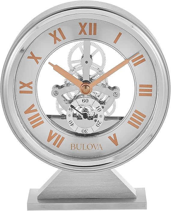 Bulova Torrance Brushed Aluminum Clock B1721 | Exposed Skeleton Design | Quartz Movement | Glass Panel Design | 5.25 x 6.5 Inch