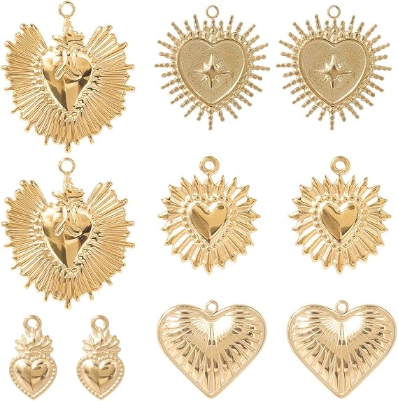 SUNNYCLUE 1 Box 10Pcs 5 Styles Real 14K Gold Plated Heart Charms Love Themed Charms Stainless Steel Sacred Sweet Valentines Pendants for Jewelry Making Supplies Crafting DIY Necklace Earring Adult