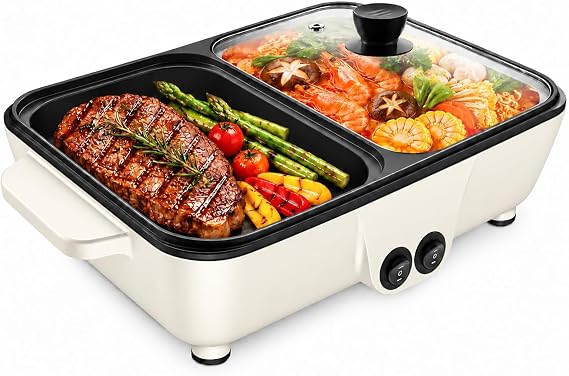 2-in-1 Electric Hot Pot and Grill Combo, 1200W Indoor BBQ Grill with Dual Temperature Control, Nonstick Cooking Surface, 1L Hot Pot with Glass Lid for Steak, Seafood, Noodles, 1-4 People, White