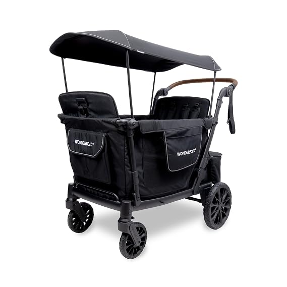 WonderFold L4 Collapsible Stroller Wagon with Aluminum Frame - Adjustable Canopy & Push Handle - All-Terrain Wheels - Built-in Storage - for Babies, Toddlers & Kids - 4 Seater - Black