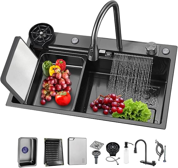 30''Waterfall Kitchen Sink Black 304 Stainless Steel Waterfall Pull-Faucet Bar Single Bowl Family Kitchen Sink with Full set Accessories (29.52''x17.7'')