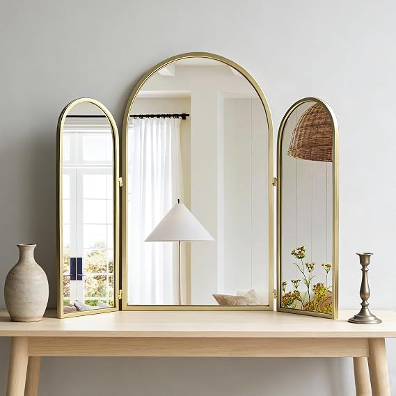 BAODANFU Gold Trifold Vanity Mirror, 3 Way Mirror for Makeup Room, Dressing Room, Bedroom, Bathroom, Three-Way Mirrors Over Bathroom Sink, Decorative Mirror for Mantle