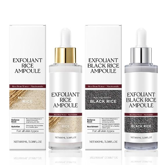 Rice Exfoliating Ampoule Set, 2PC Black and White Rice Peeling Ampoule Duo for Gentle Peel, Pore Minimizing & Deep Hydration, Exfoliant for All Skin Types