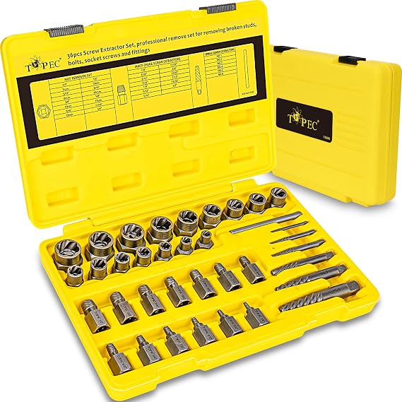Topec 36Pcs Screw & Bolt Extractor Kit, 3-in-1 Easy Out Screw Extractor Set, 3/8" Drive Broken Bolt Extractor Socket Set, for Damaged, Rounded, Stripped Screw Removal