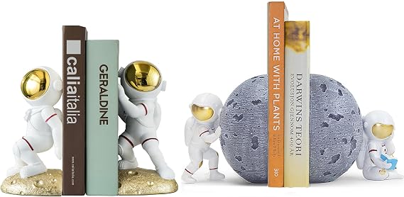 Space Themed Decorative Bookends - Astronaut Moon Theme (Silver, Black, White) - 2 Pieces