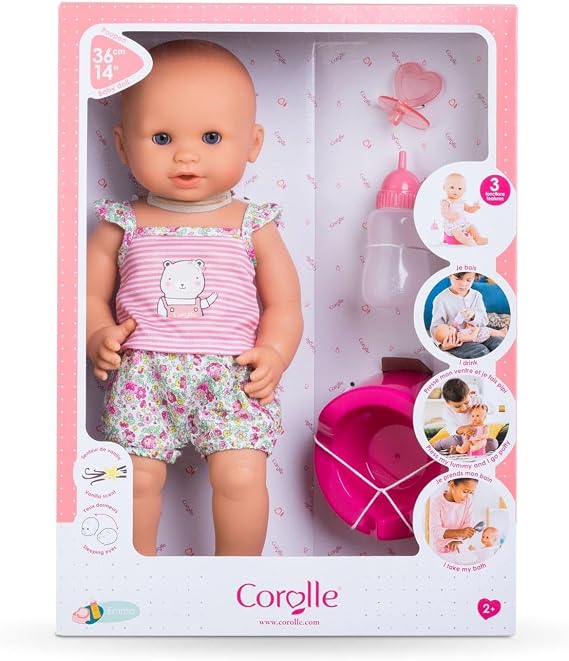 Corolle Drink and Wet Bath Baby Emma - 14 Girl Baby Doll with 3 Accessories - Bottle, Potty, and Pacifier - Really Drinks and Goes Potty, for Kids Ages 2 Years and up